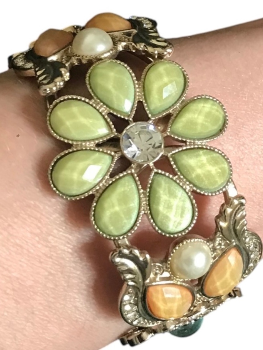 Ornate Vintage Style Floral Cuff Bracelet Green Cat Eye Statement Jewelry